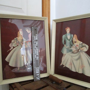 Brewster Lithographs  Vintage Romantic Victorian Couple Wall Hangings in Wood Frames Set