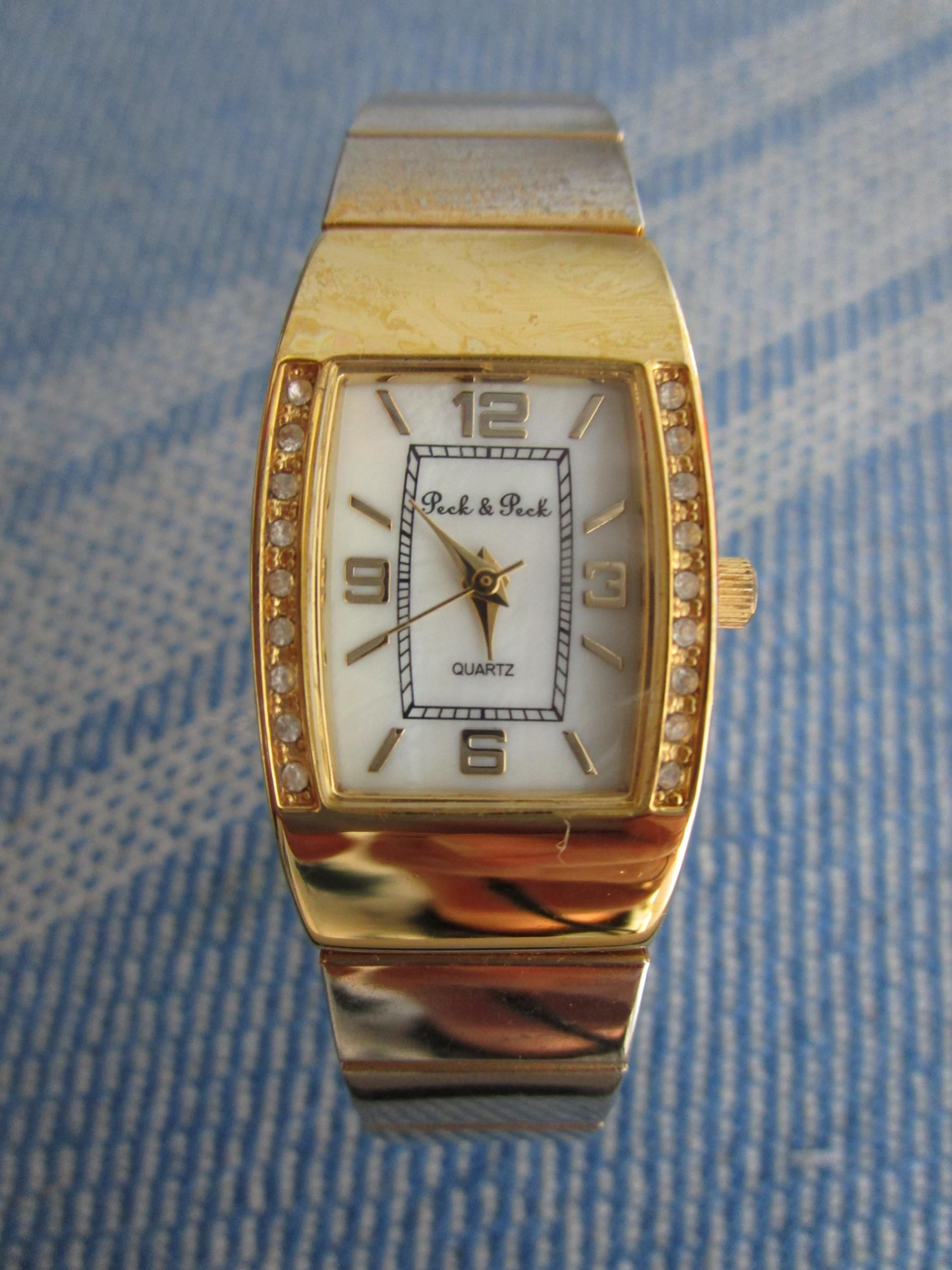 Peck & Peck gold toned quartz watch Vintage peck & peck wide cuff bangle Marcasite Watch... | Depop main image 3