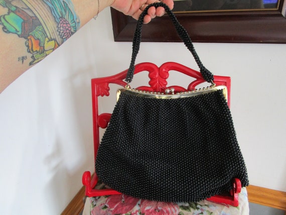 Vintage Black Corde Beaded Lumured Purse Bag  Kis… - image 6