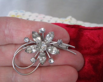 60's Rhinestone  12K White Gold Filled Flower Brooch