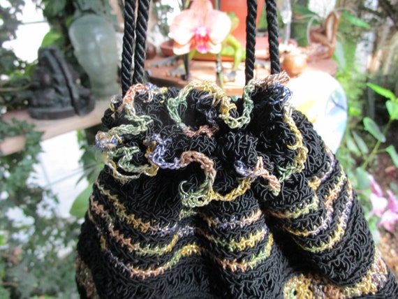 Vintage Hand Crocheted Draw String Bag Black and … - image 7