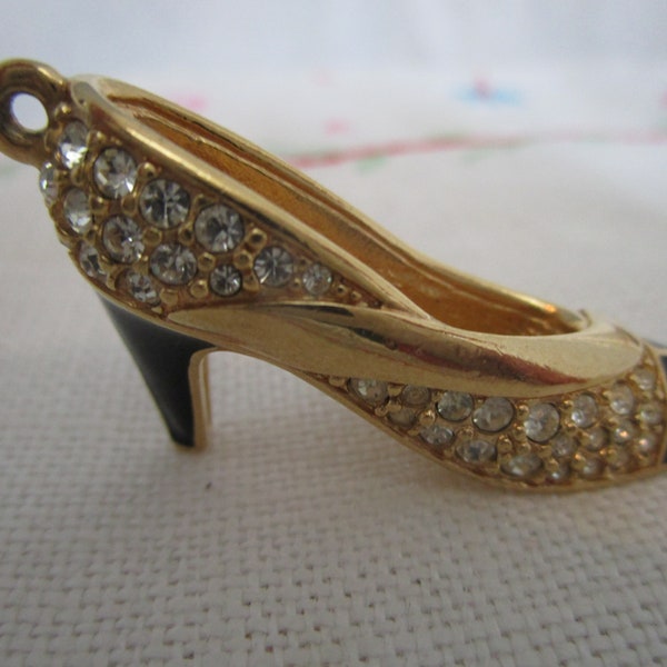 Swarovski Rhinestones  Trimmed Black Enamel Gold Tone High Heel Pendent Stamped with a Swan