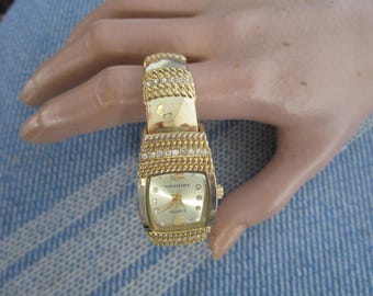 Gold Tone CZ Quartz Cuff Style Wrist Watch - Etsy display picture 2