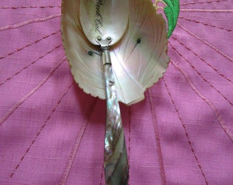 Vintage Iridescent Shell Footed Carved Leaf Bowl with Matching Spoon Old Souvenir