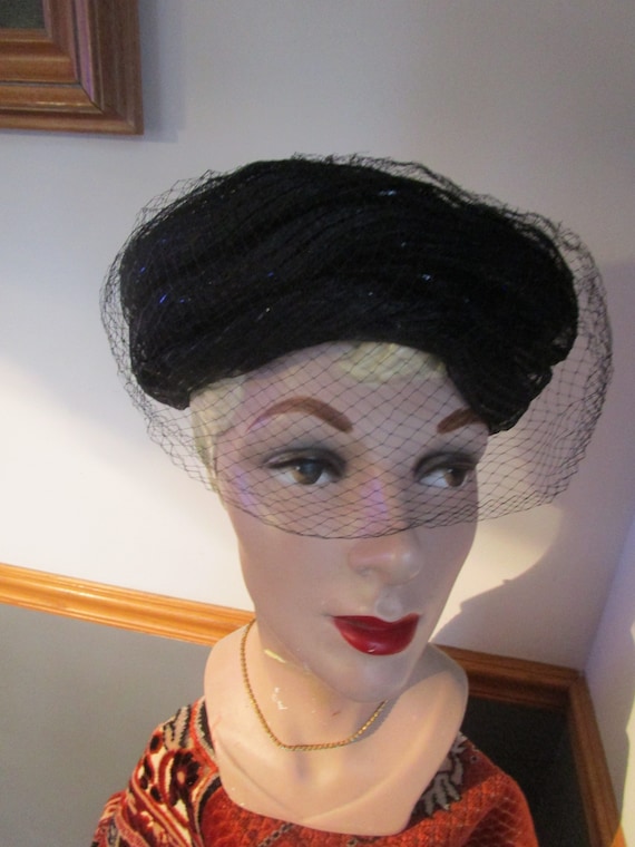 Vintage Womens Woven Hat Black Union label Hutzlers Baltimore netting Ri… Vintage Womens Woven Hat Black Union label Hutzlers  main image 3