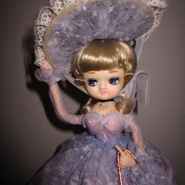 70's Bradley Big Eye Doll Purple Lace  Dress with Umbrella and Big Hat Korea