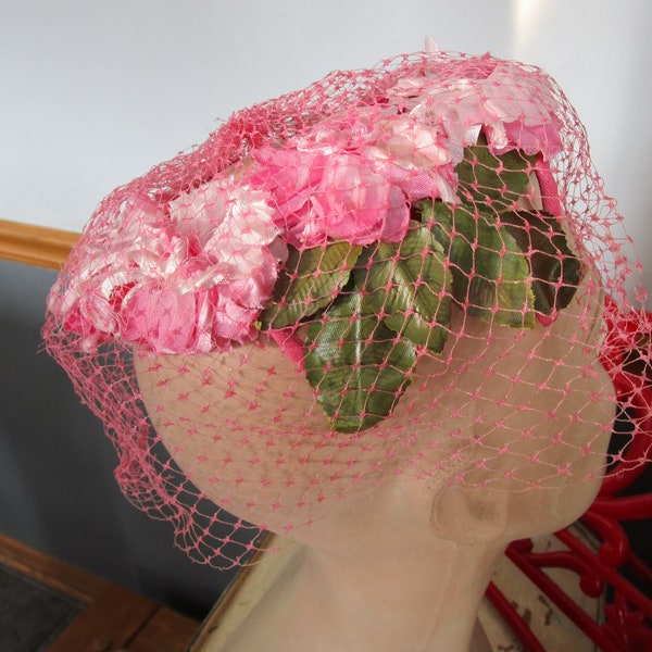 Vintage Mid Century Pillbox Hat Pink Silk Flowers  Green Leaves Romantic Vintage Women's Hat.