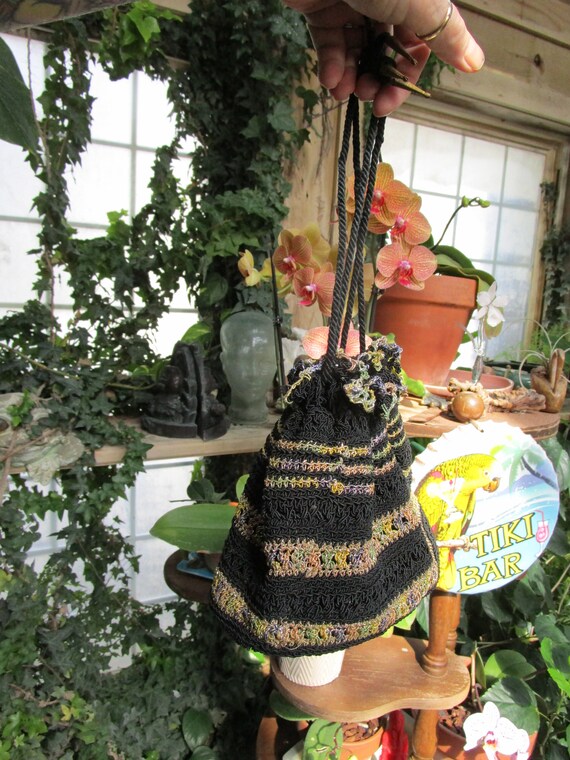 Vintage Hand Crocheted Draw String Bag Black and … - image 2