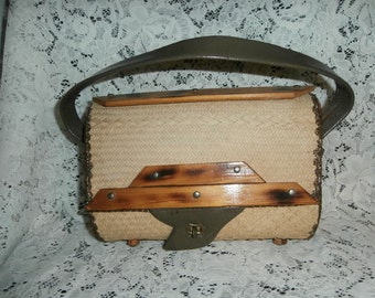Women's  Purse- Brown  Wood Leather   Weaved  Footed Box Purse Unique
