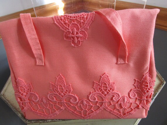 Women's Peach Linen & Lace Floral Handbag Matchin… - image 10