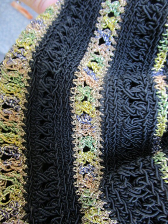 Vintage Hand Crocheted Draw String Bag Black and … - image 3