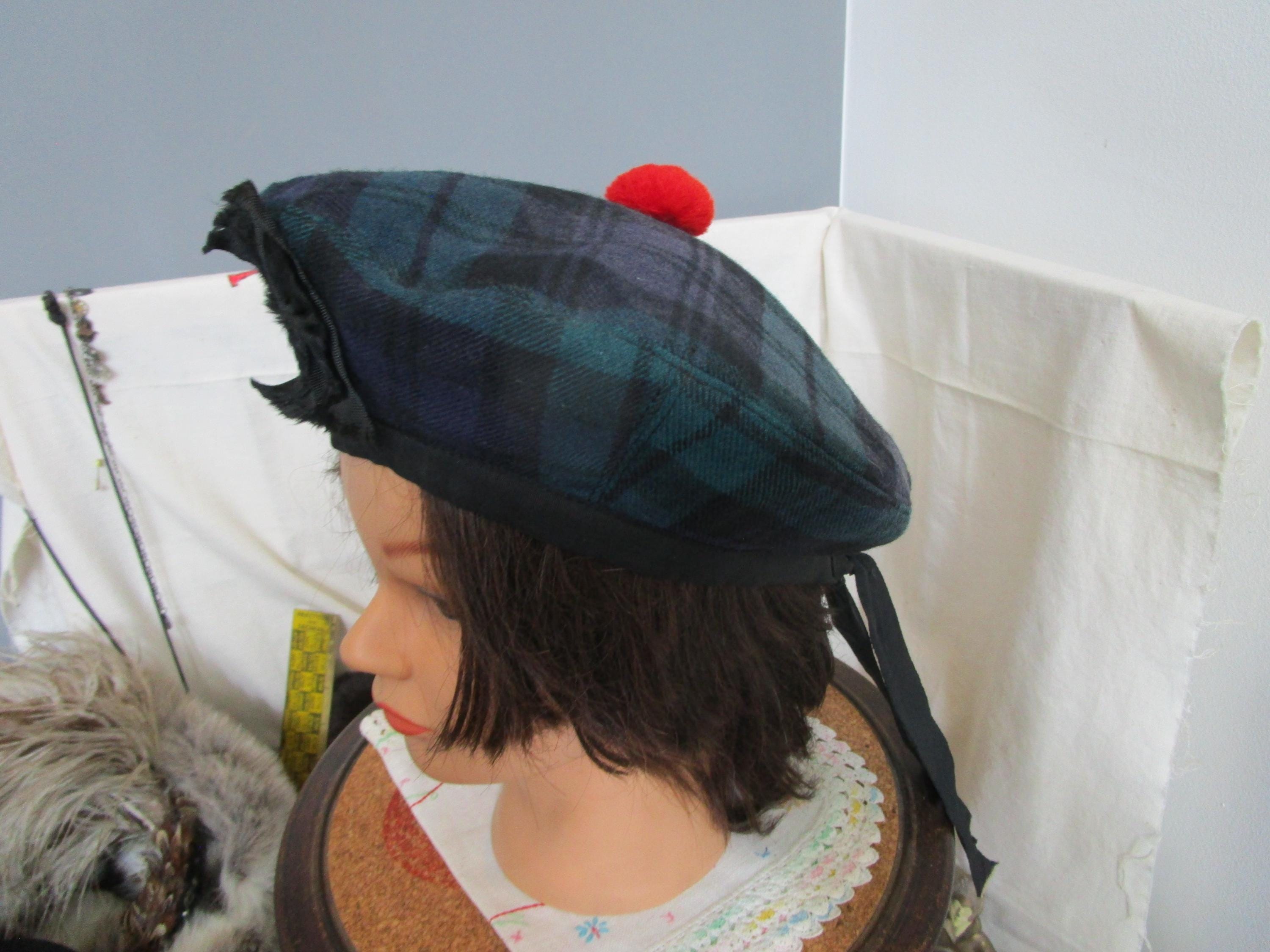 Vintage Tam O Shanter Hat Green Plaid Scotland Beret Red Pom