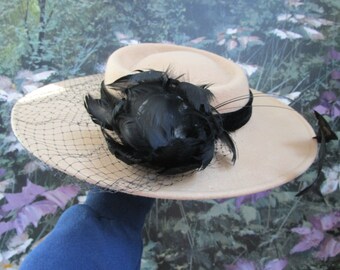 Womens Beige  Wide Brimmed Hat with Netting A Jean Arlett Lancaster Wool Vintage Hat.