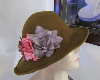 80's Brown 100% Wool Felt Women's Hat with Abundant of Beautiful Colorful Flowers