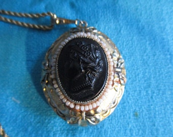 Vintage  Black Cameo Outlined with Pearl Seed Beads Locket with Original Chain  Necklace  Design Patented No. 121349 BEAUTIFUL History Piece