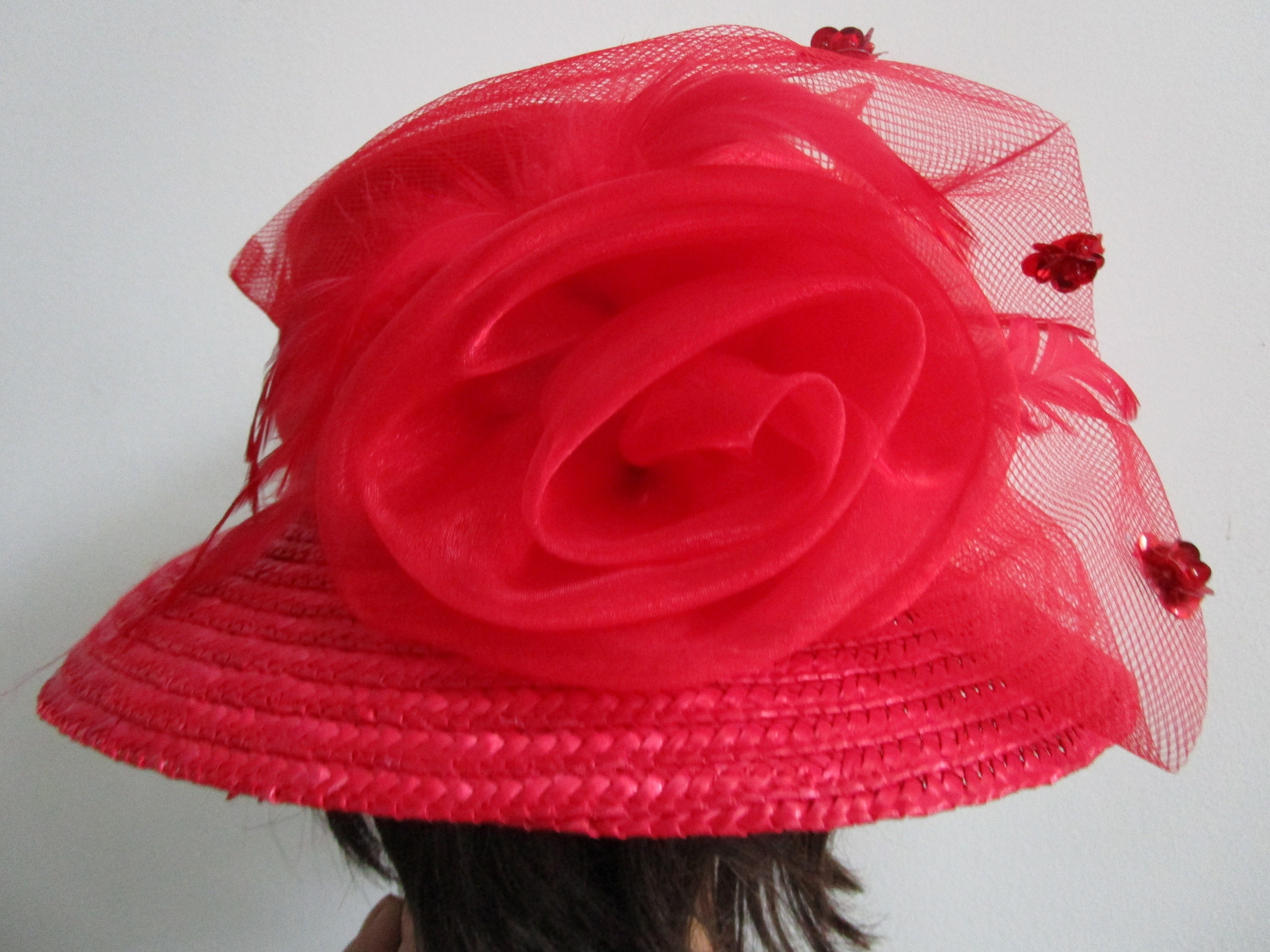 Vibrant Red Straw Hat w/ Purple Silk Rose & Feathers Straw Hat Silk Roses - Etsy New Zealand main image 3