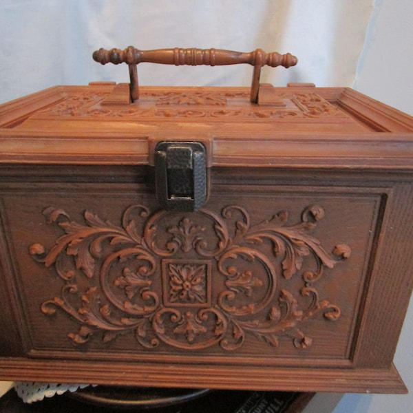 1980's Max Klein Brown Woodgrain Hard Plastic Sewing Chest Box with Original Pull Out Tray  with Latch SC 4015