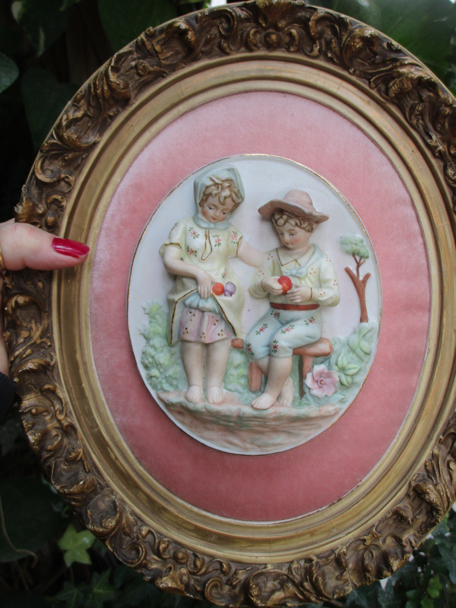 Antique Chalkware Frame Bisque Porcelain Children Sharing Etsy