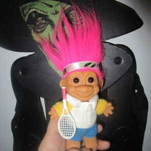 Vintage Russ 5&quot; Troll Doll - Tennis Player with Racket & Headband  with  Hot Pink Hair