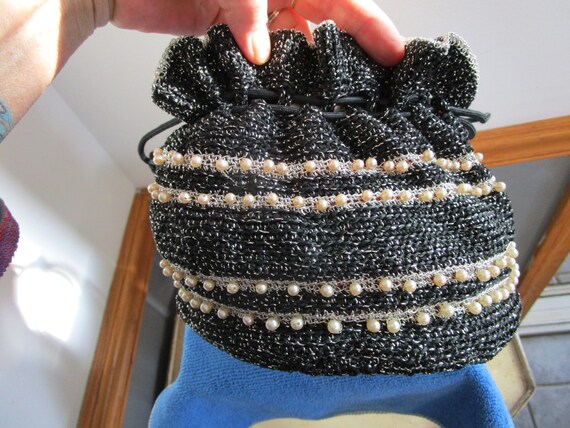 Vintage Crocheted Beaded Black & White with Silve… - image 3