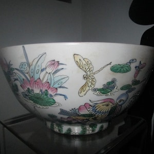 Macau Hand Pained Lotus / Gold Fish  Flower Bowl  Asian Oriental Large Vintage Bowl  by CPC