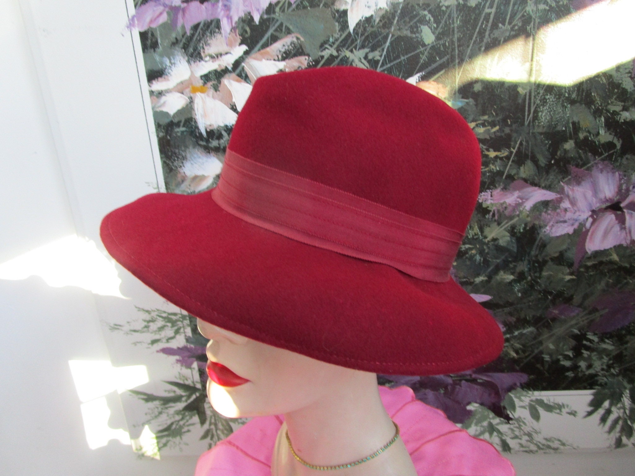 Michelle Vintage Red Felt Women’s Hat MICHELLE vintage 70s ivory wool felt HAT + RHINESTONE  main image 2