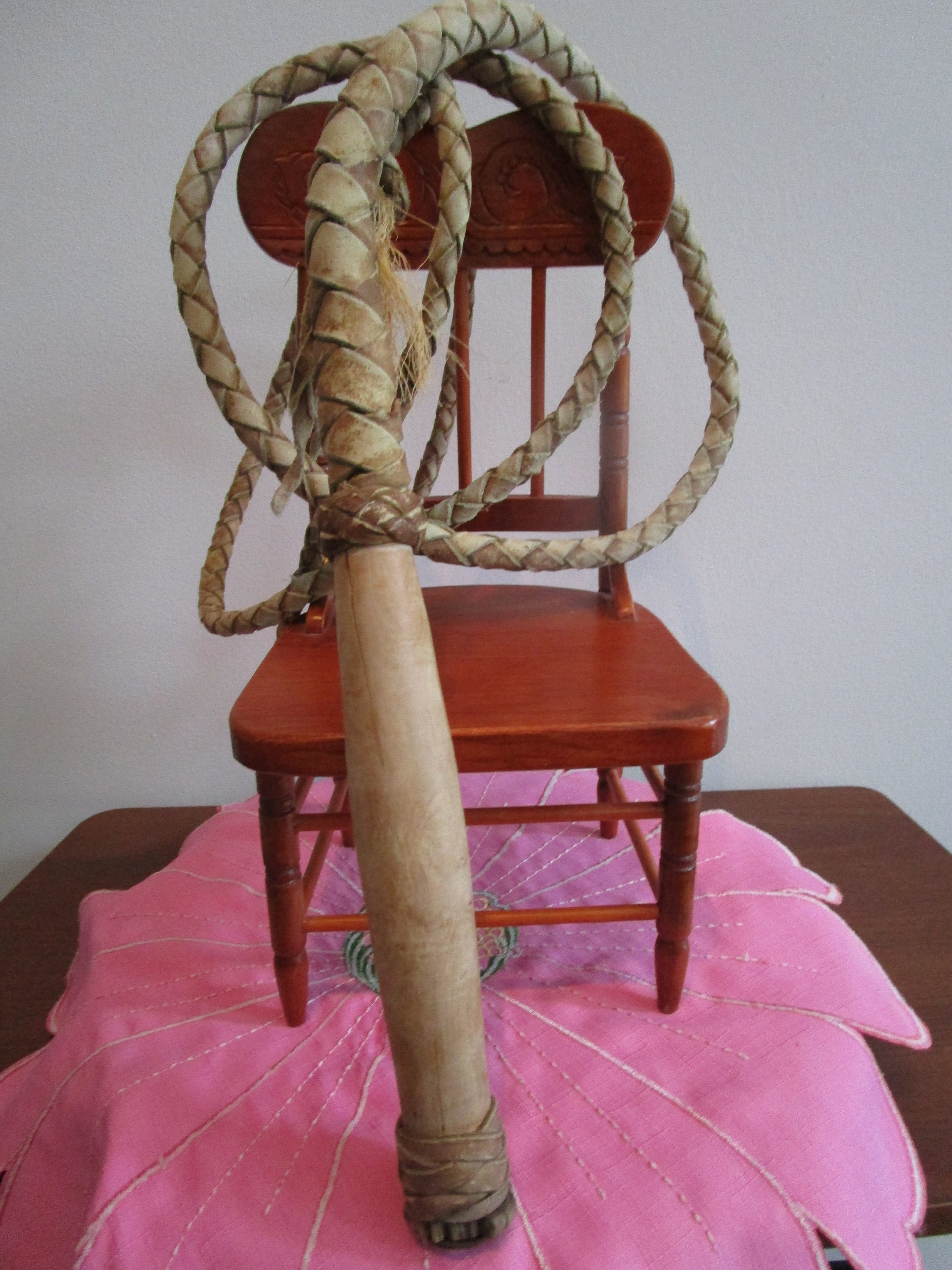 Vintage Braided Rawhide Leather Bullwhip Wood Swivel Handle
