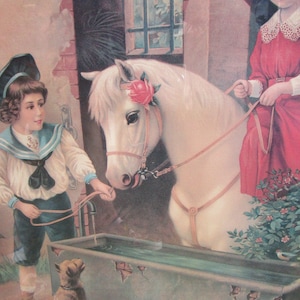 Antique Framed and Matted Victorian Children with Horse and Puppy Beautiful Lithograph