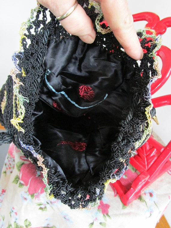 Vintage Hand Crocheted Draw String Bag Black and … - image 8