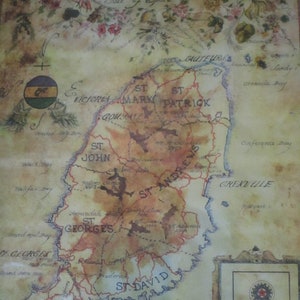 1973 Grenada  Framed Signed Sandra Fisher  Map Art Picture Wall Art Ready to Hang