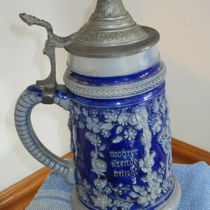 Vintage Tankard Stein  Blue Gray Stoneware Salt Glazed with Pewter Lid  L 1