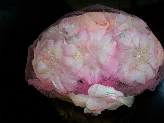 Women's  Pink Floral with Netting  Vintage Hat - … - image 1