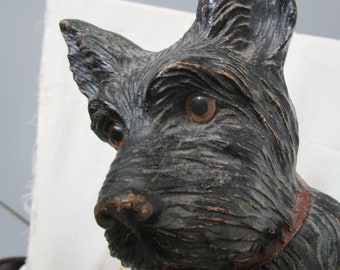 Antique Syroco Wood  Scottish Terrier Glass Eyes Scottie Statue Doorstop