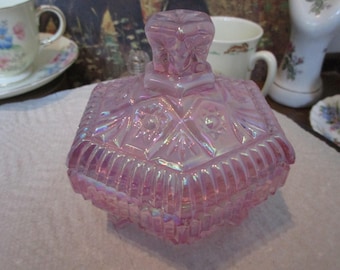 Pink Antique Opalescent Iridescent Footed Hexagon Lidded Dish FENTON USA