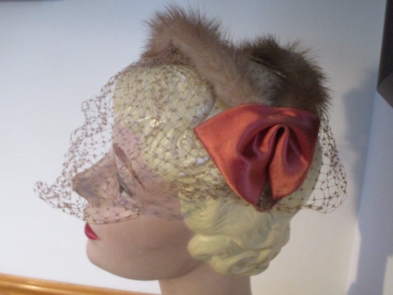 Women's Vintage Rabbit Fur Headband  Hat with Net… - image 4