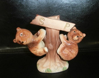Salt & Pepper Shakers Two Little Bear Hanging off a Tree Branch ~ Vintage Ceramic Bear Figurines ~ Japan