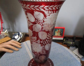 Antique Ruby Red  Bohemian Vase Etched Floral Design Vase