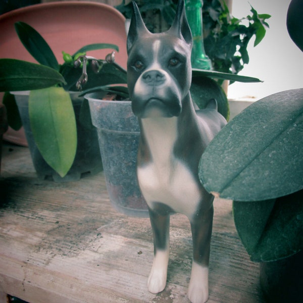 Male Boxer Tiger Coat  Dog Porcelain  Boxer Figurine -Signed Gaylar-  Stamped 83- Vintage Boxer Dog Figurine