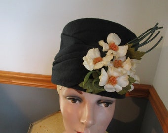 Womens Hat  Black with Floral White/Yellow Centers ~  An  Original by Sophia Borzuchwski with  Black  Vintage  Hat Pins