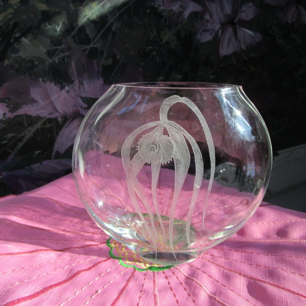 Vintage Brassavola Orchid (Lady of the Night) Glass Clear Etched Vase