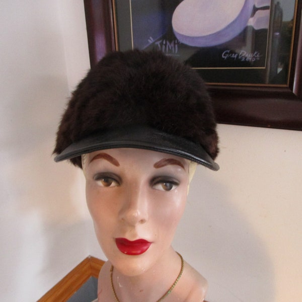 Vintage Women's Beautiful  Fur & Leather  Visor Cap Hat Union Made