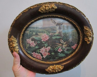 Antique Oval Thick Framed Deer with Fawn Wall Hanging Any Room Great Cabin Decor