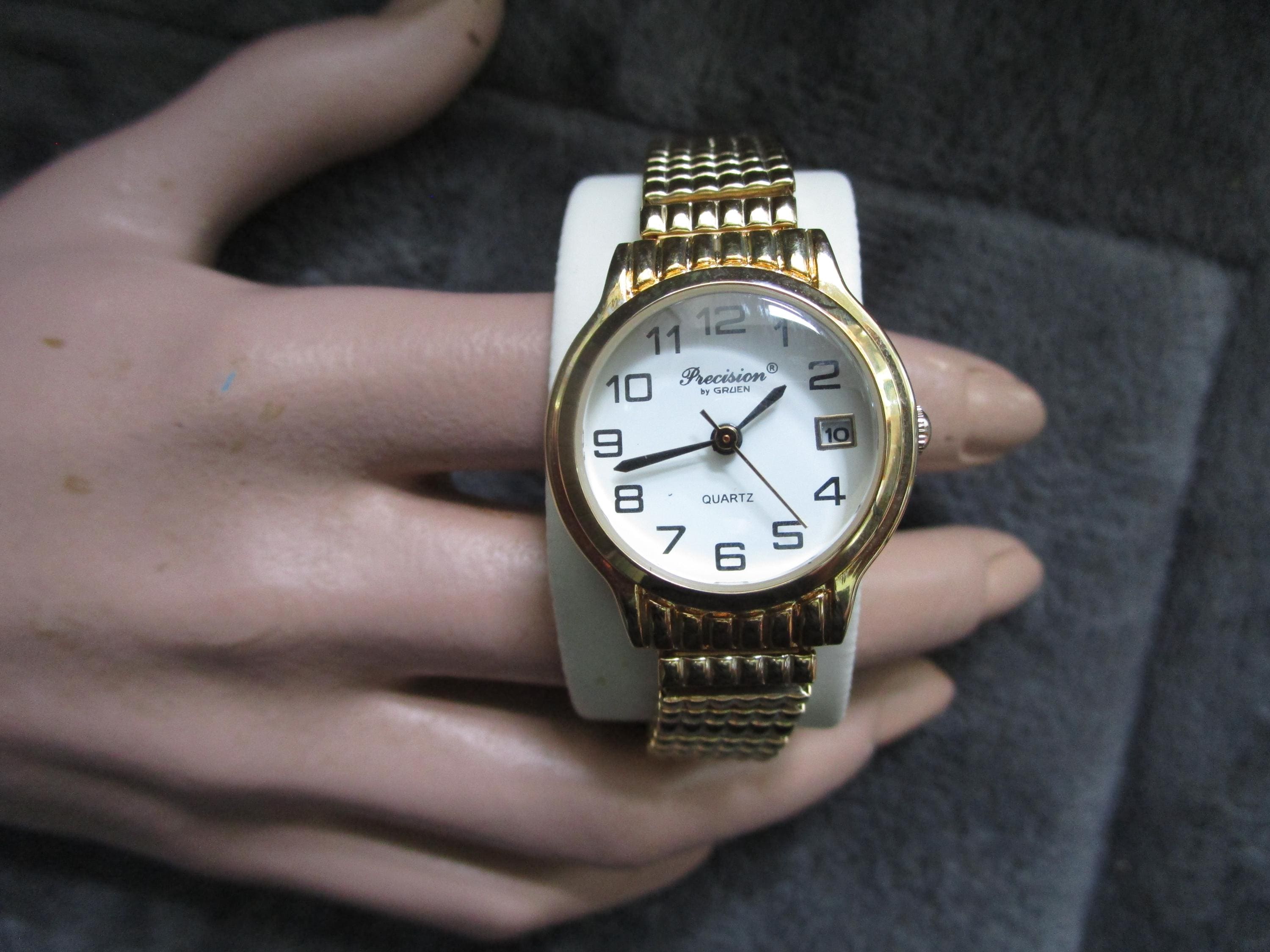 Precision by Gruen Ladies Watch White Dial Gold Tone Stainless Stretch Bracelet 10K Gold Gruen Precision Ladies Bracelet Wristwatch Stretch  main image 3