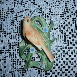 Canary Finch Bird~Floral Roses Figurine -Porcelain -Ceramic  Wall Hanging Vintage Bird Figurine.