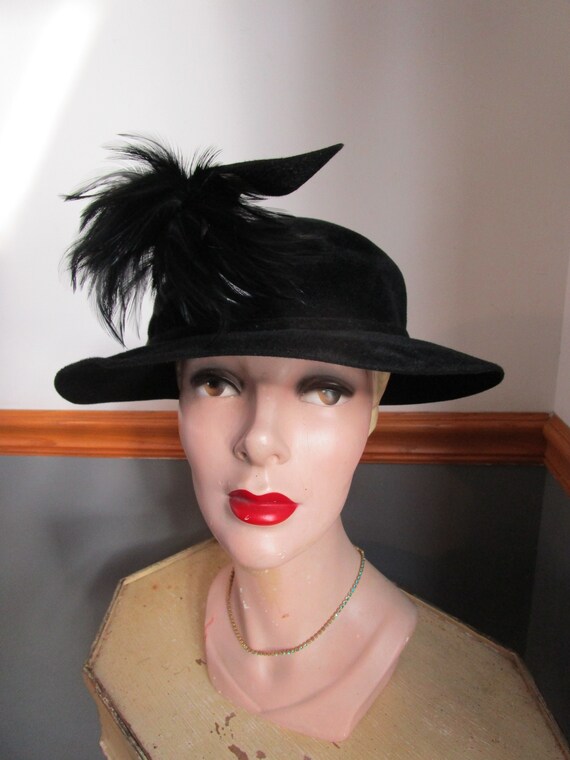 Women's Genuine Black Velour Hat with Feather Plum