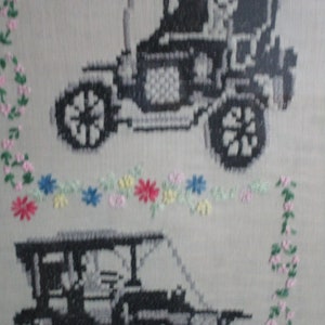 Antique Needlepoint  Cars Automobile  Large Hand-made -Heavy Framed Vintage Folk Art