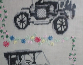 Antique Needlepoint  Cars Automobile  Large Hand-made -Heavy Framed Vintage Folk Art