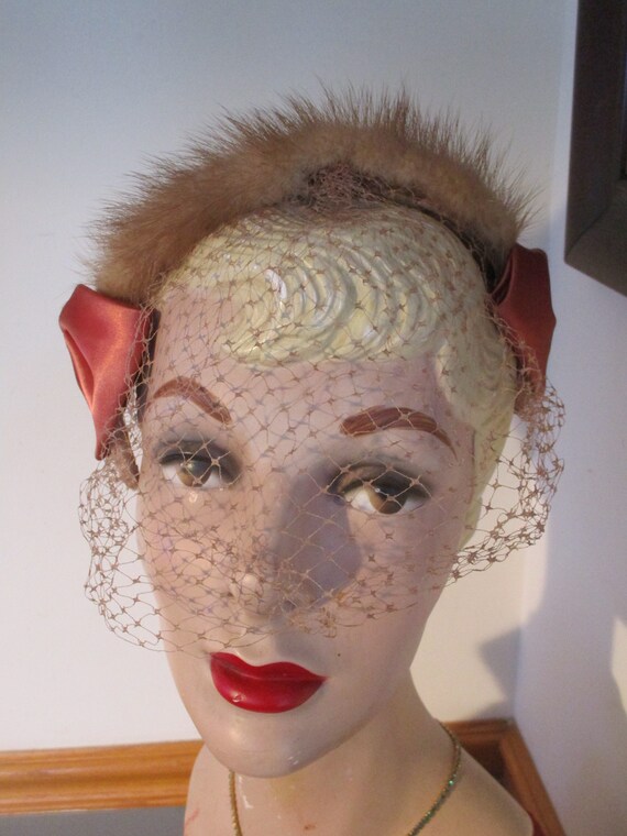Women's Vintage Rabbit Fur Headband  Hat with Net… - image 8