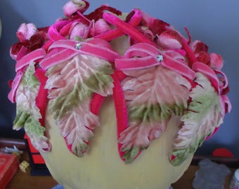 50s Pink Velvet Leaves and Berries Millinery Fascinator