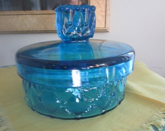 Electric Blue Glass Candy Dish with Square Knob Handle, Decorative Candy Bowl, Trinket  Covered Storage Jar